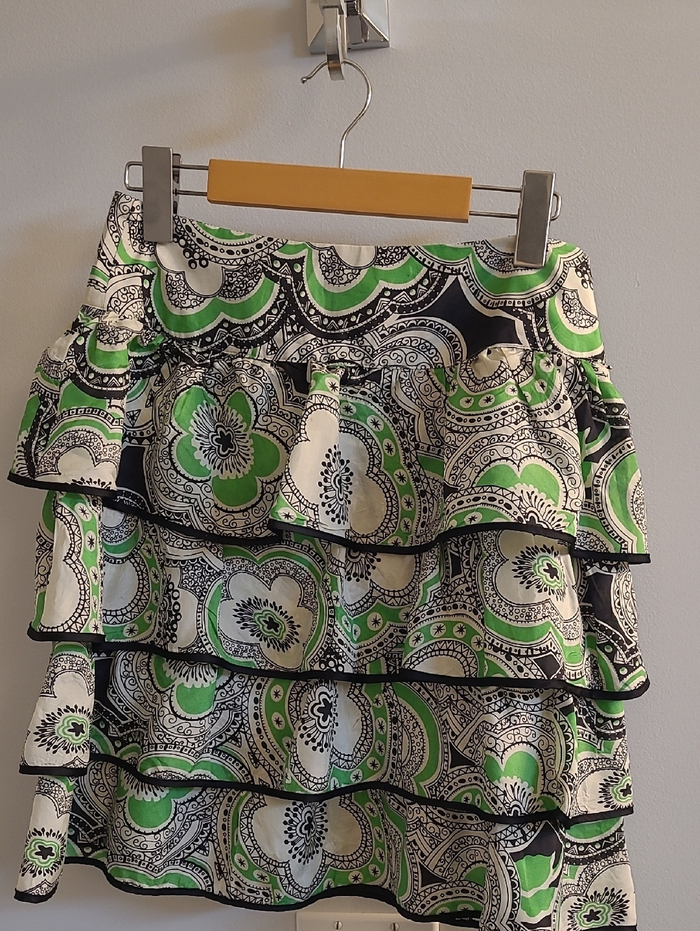 Collette Dinnigan Tiered Floral Print Skirt in Green and Black, XS
